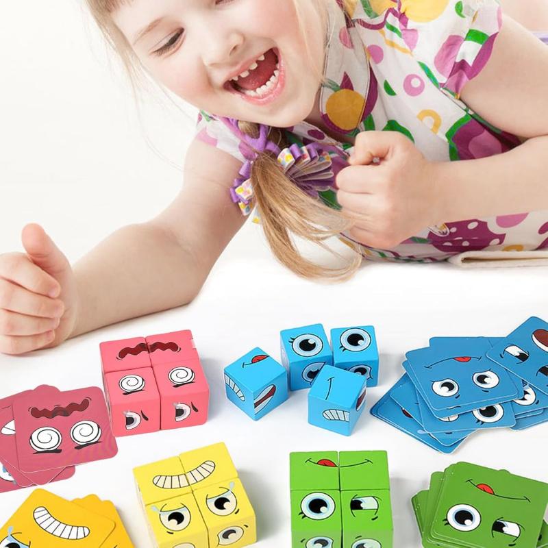 Wooden Face Changing Magic Cube Game[16 blocks + 72 cards], Expression Puzzle Building Blocks Pattern Matching Game, Educational Puzzles Toy Board Games for Kids and Adults with Bell