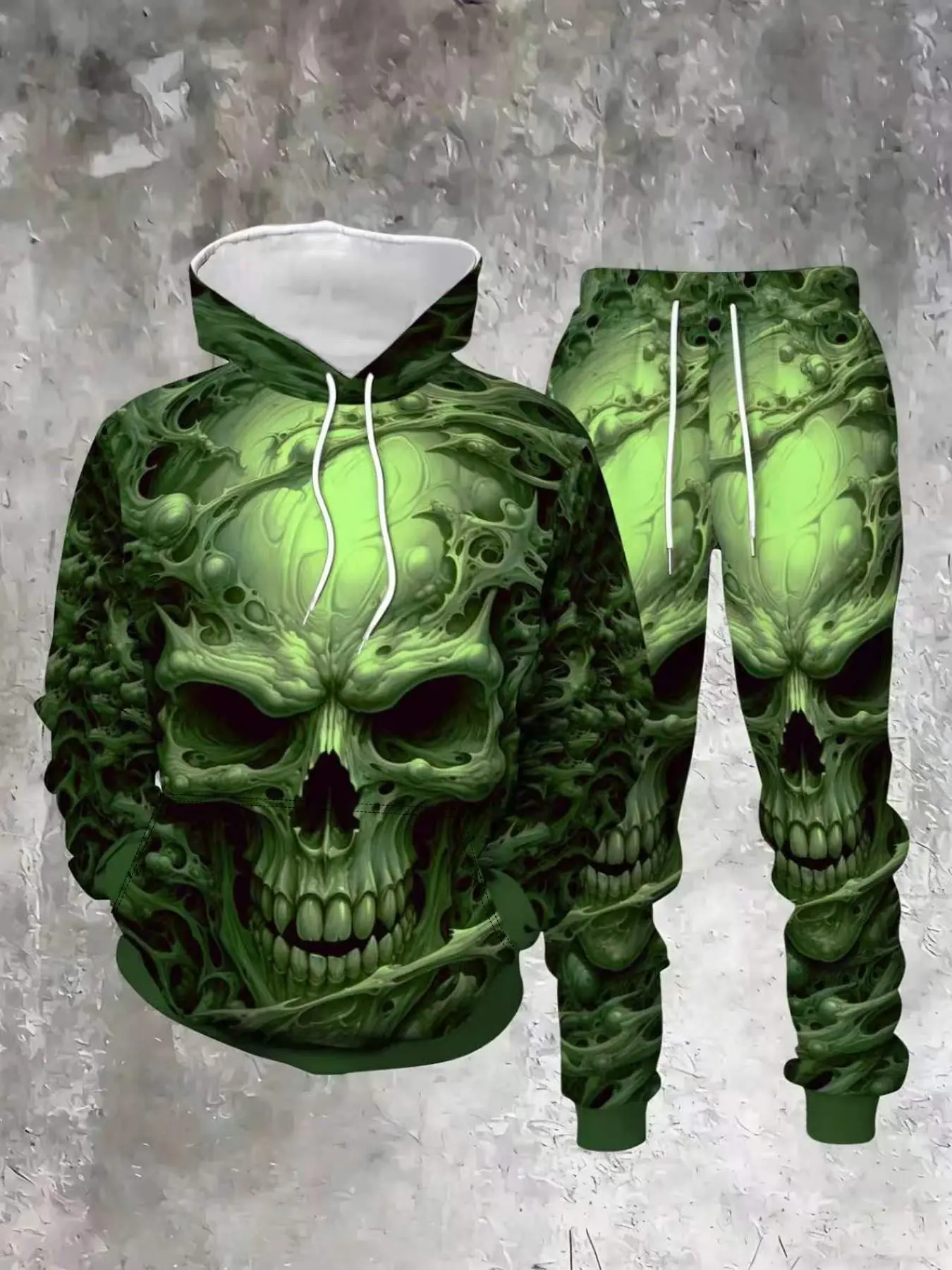 Men's Fall Winter Fluorescent Skull Hooded Sweatshirt Set, 2-Piece Outdoor Streetwear, Casual Style, Two Piece Set