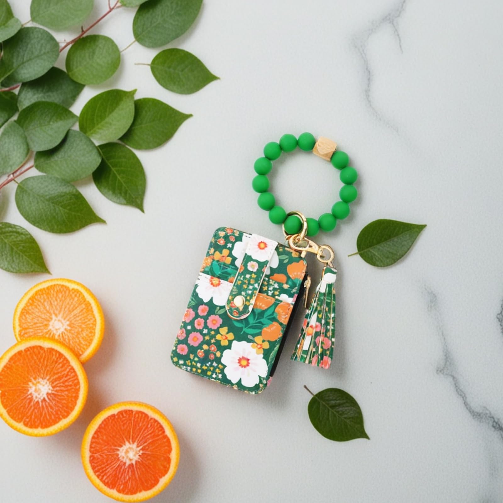 Wristlet Keychain Card Wallet – Silicone Beaded Wristlet with Card Holder, Tassel & Key Ring, Black / Mint Green / Floral Dark Green