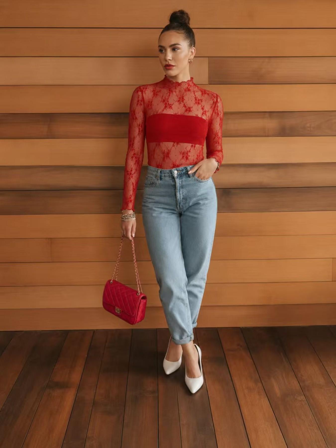 Womens Black White Oliver Green Mesh Lace Tops Undershirts Bralette Sheer Long Sleeve Shirts Crewneck Slim Fitted Outfits See Through Blouses Concert Lace Camisole Fringe Fashion Sheer tops for Women