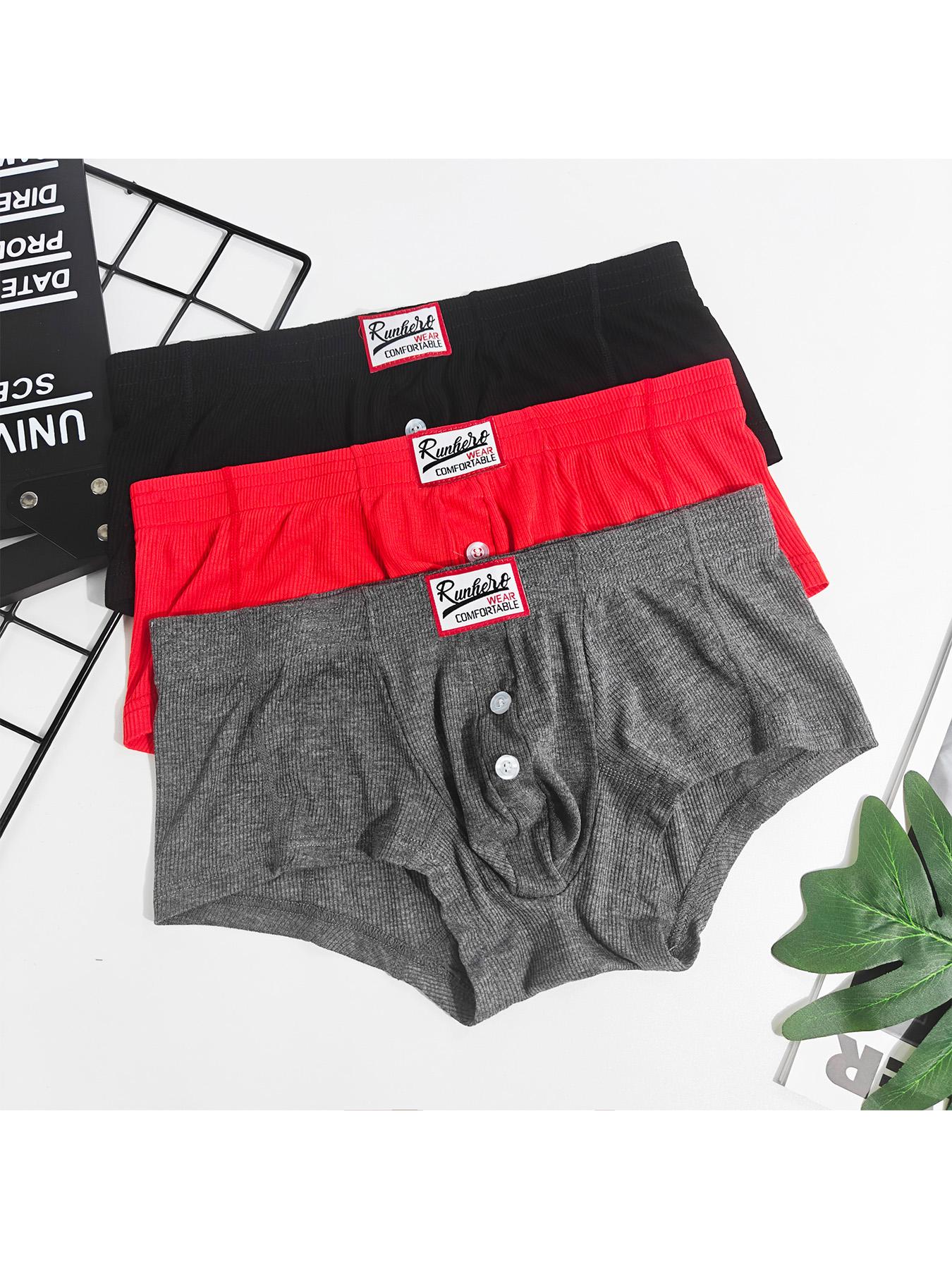 Men's Low Waist Briefs with Faux Buttons, U Pouch Design, Ribbed Knit, Plain Simple Style, Comfortable Breathable Underwear All Seasons, Soft Stylish Brief