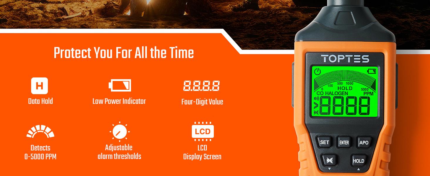 TopTes CT-300 Portable Carbon Monoxide Detector,(Includes Battery x3) CO Detector with Audible & Visual Alarm,0-5000PPM,for Home, Car, Camping& Travel