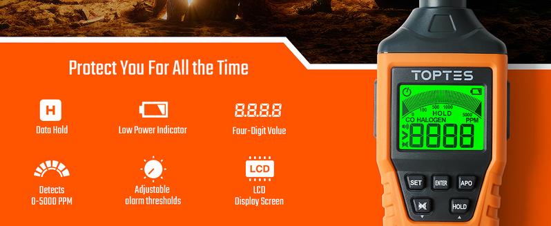 TopTes CT-300 Portable Carbon Monoxide Detector,(Includes Battery x3) CO Detector with Audible & Visual Alarm,0-5000PPM,for Home, Car, Camping& Travel