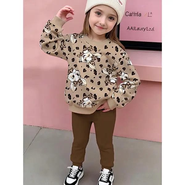 Girls' 2-Piece Casual Cartoon Print Knit Outfit - Autumn/Winter Sweatshirt with Drop Shoulders & Wide-Leg Sweatpants, Back-To-School Loose Fit Set