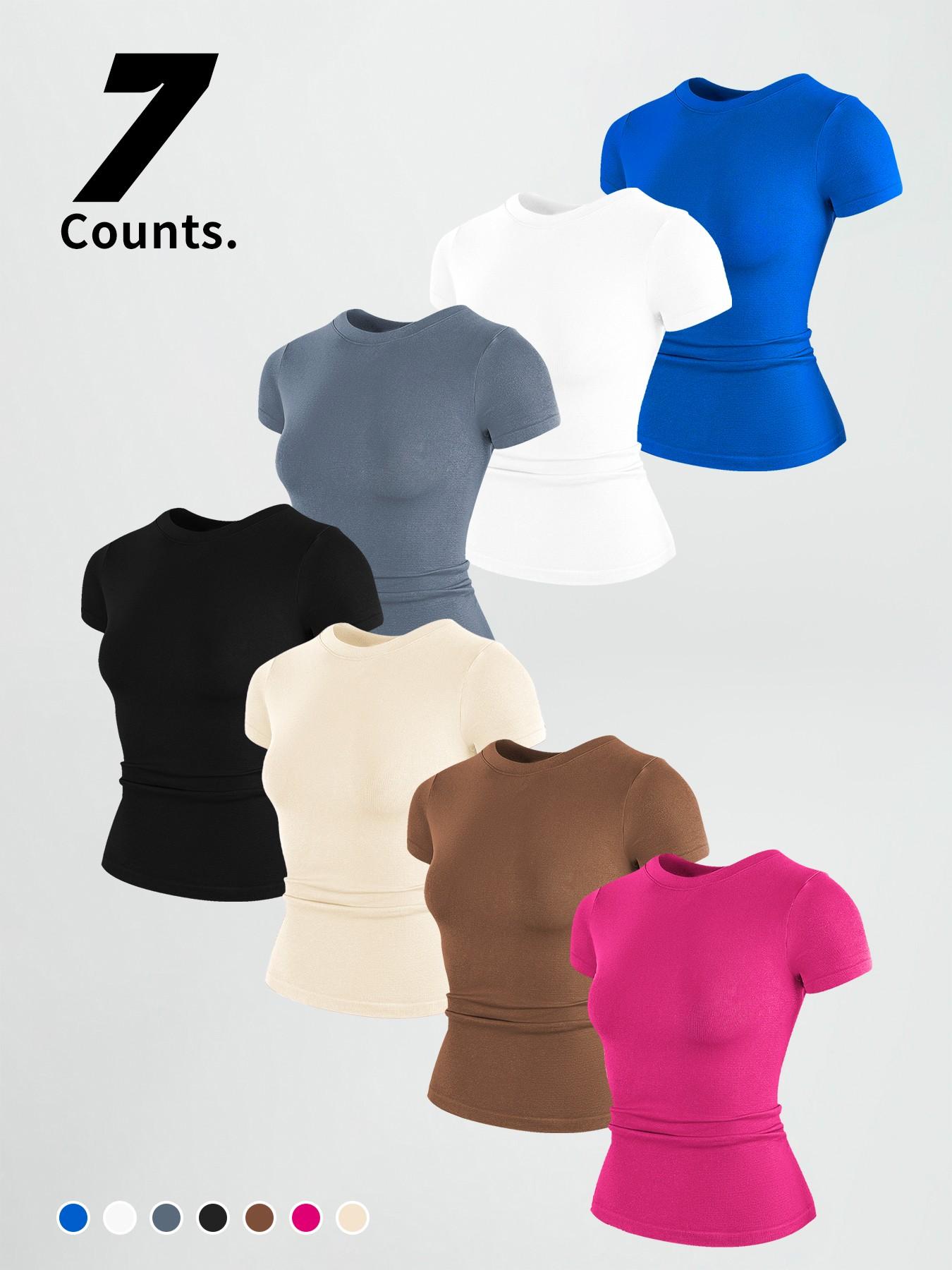 Women's Round Neck Short Sleeve Stretchy Soft Fitted Yoga Pilates Casual Wear, Comfortable Elastic Fabric Design, Ideal for Daily Use