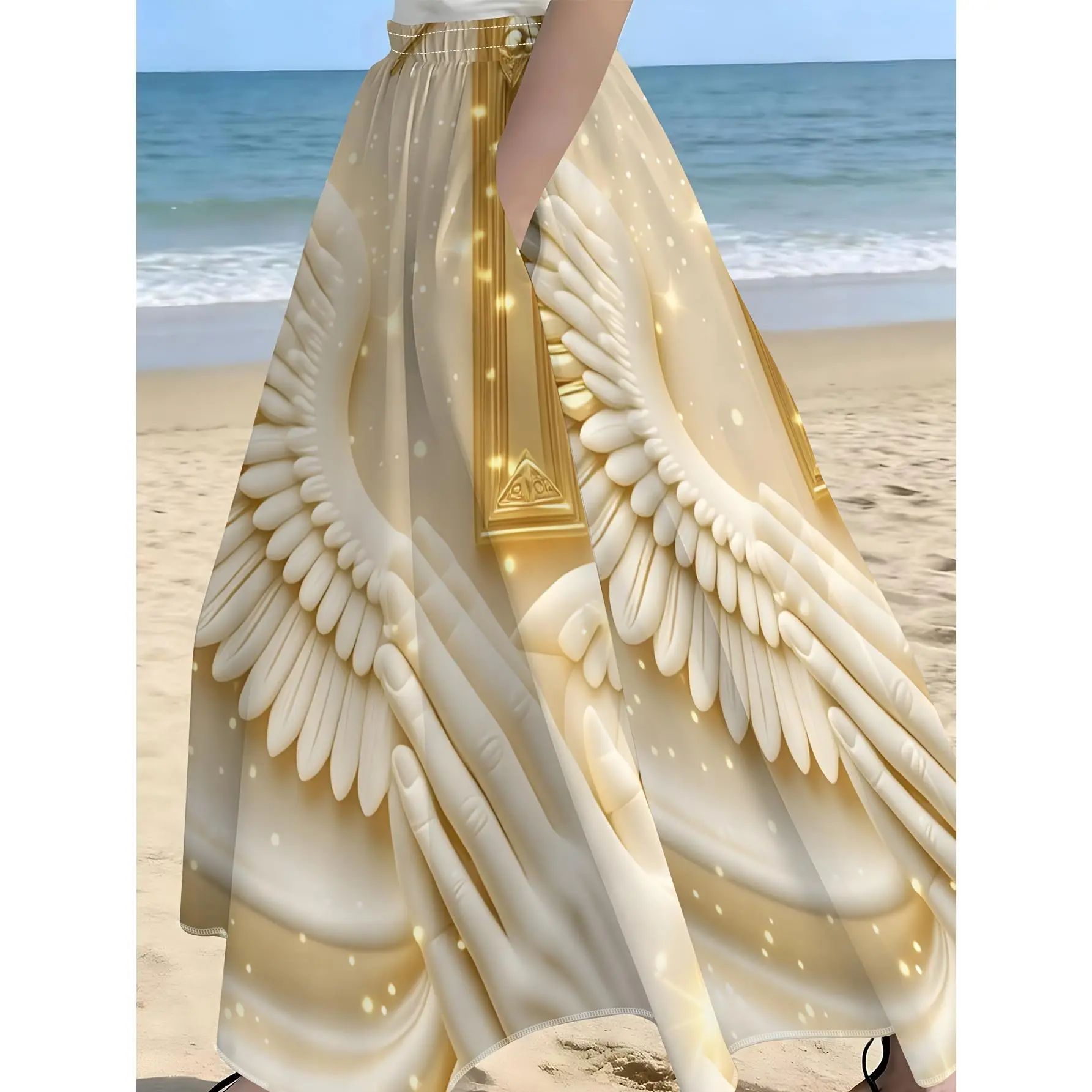 Golden Cross Wings Prayer Pattern Skirt, Summer Casual Vacation Style