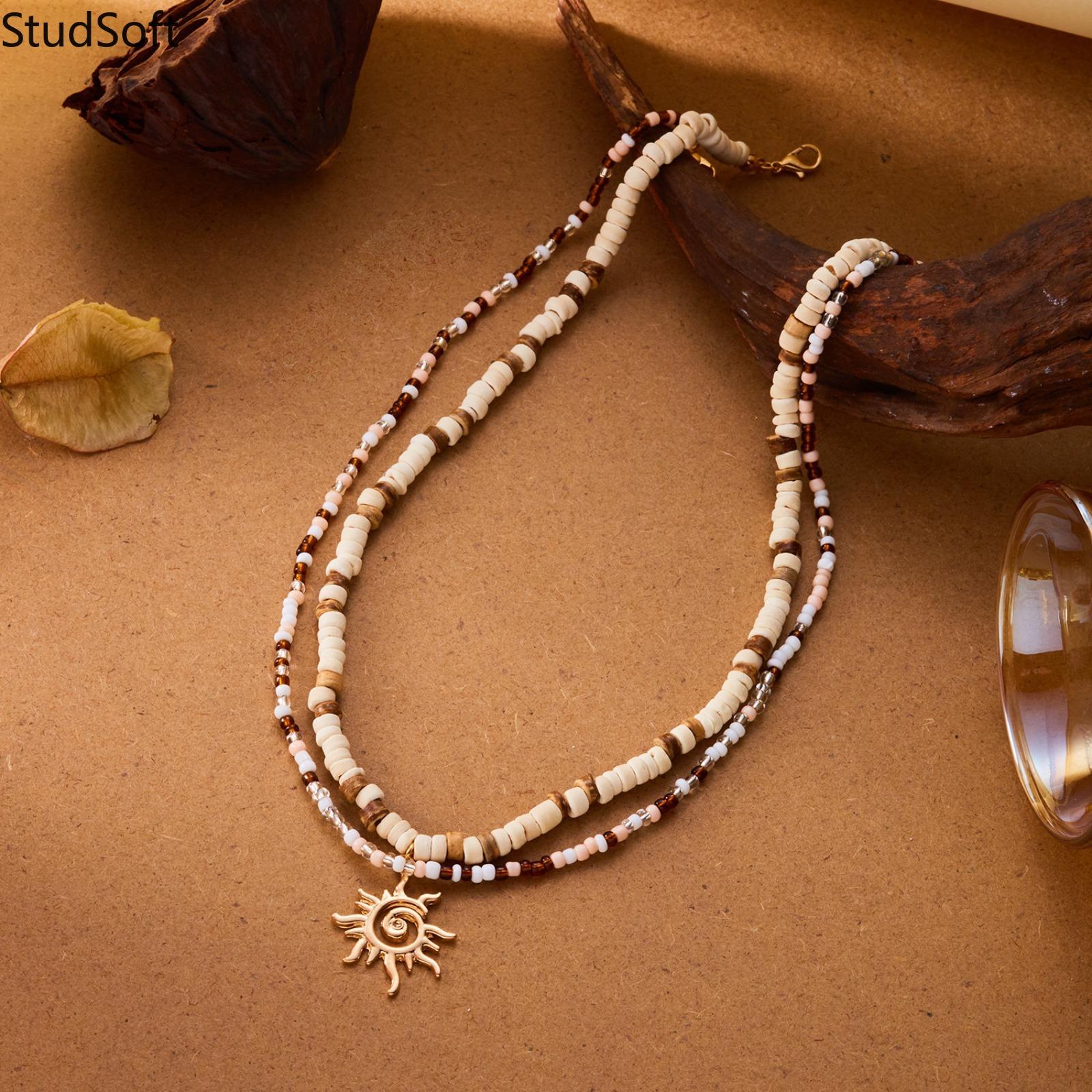Boho Men Beaded Necklace Double Layer Sun Pendant Coconut Shell Choker High-Quality Handmade Cois Unisex Summer Beach Casual Gift Jewelry,back to school,back to school haul