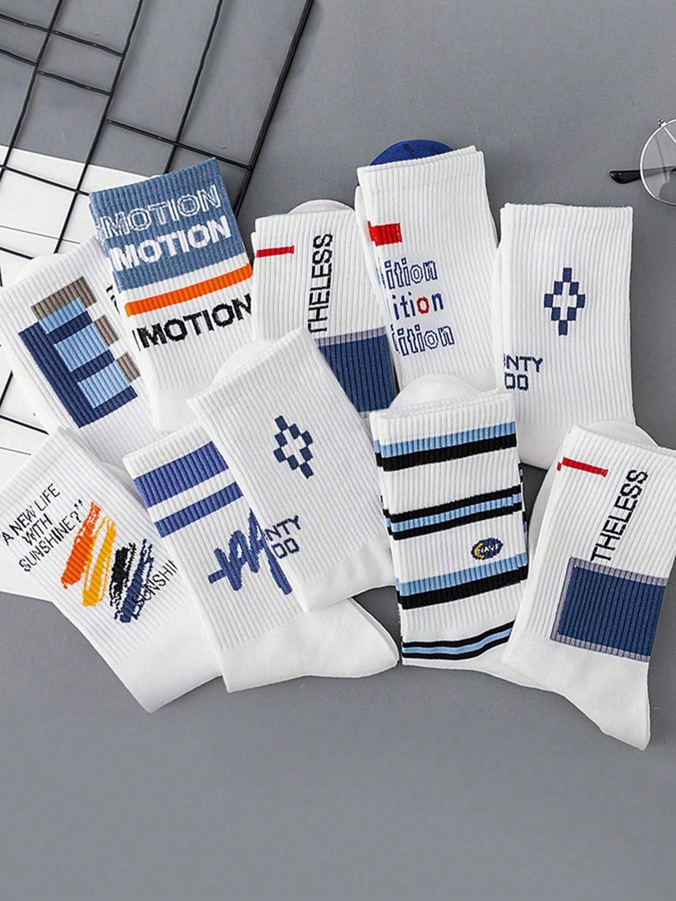 7 Pairs Random Mid-Calf Athletic Sports Socks, Unisex Athletic Summer Streetwear Style, Colorblock Ribbed Letter Design, Breathable and Sweat-Wicking, Ideal for Students