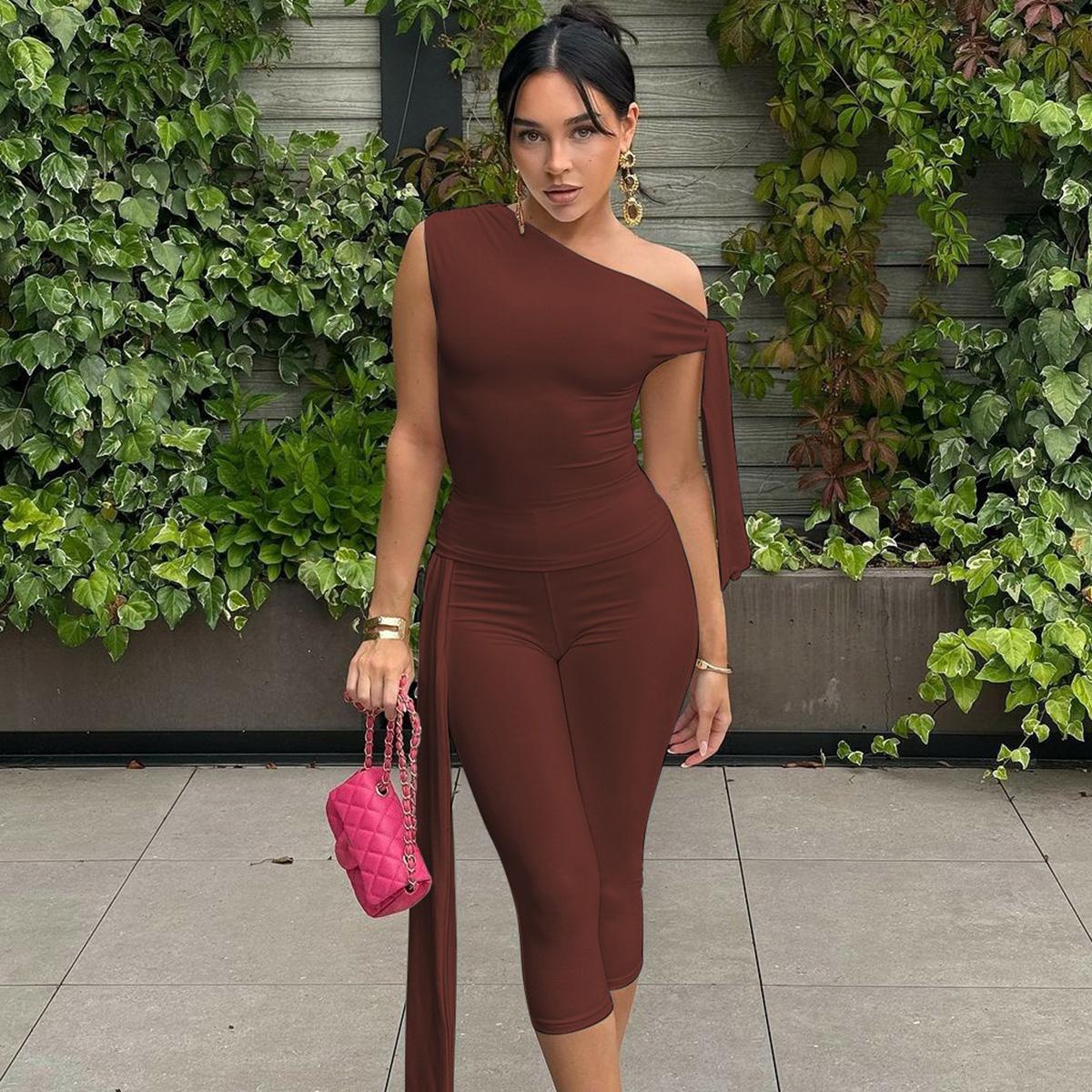 Solid Slanted Neck Lacing Design Sleeveless Top & High Waist Cropped Pants Two-Piece Set Women 2025 Summer New Casual Sexy with Ribbon Elegant Party Club Clothing Outfits