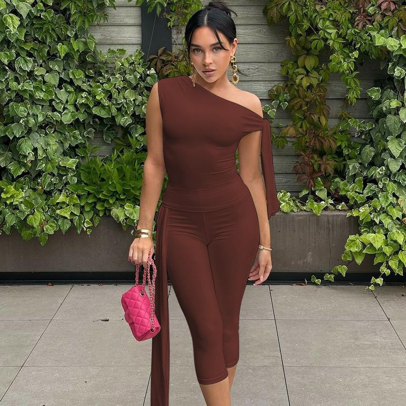 Solid Slanted Neck Lacing Design Sleeveless Top & High Waist Cropped Pants Two-Piece Set Women 2025 Summer New Casual Sexy with Ribbon Elegant Party Club Clothing Outfits