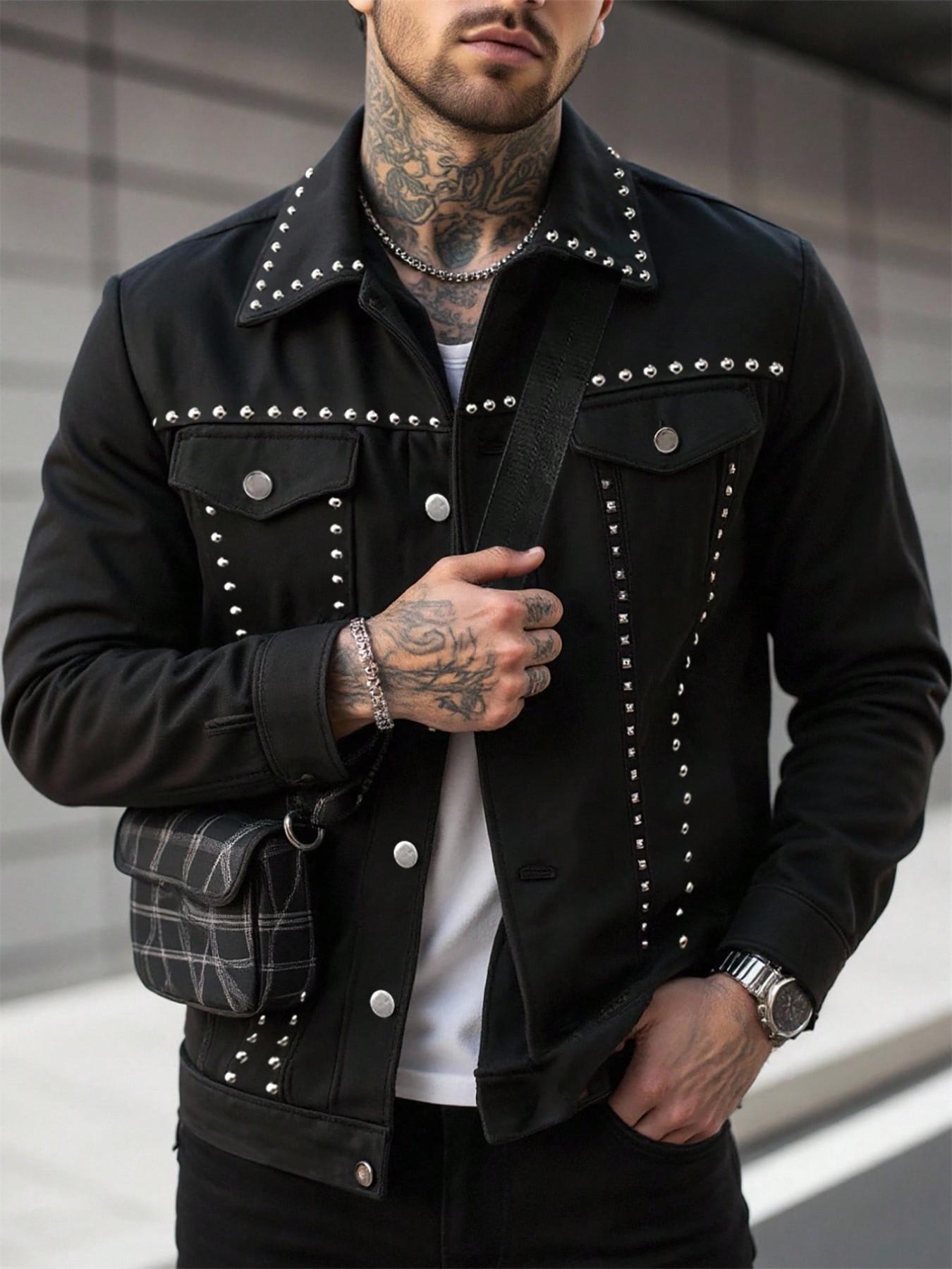 Men's Rivet Decorated Collar Work Jacket, Punk Street Style, Metal Rivets, Button Front, Pockets, Long Sleeve, Fall & Winter