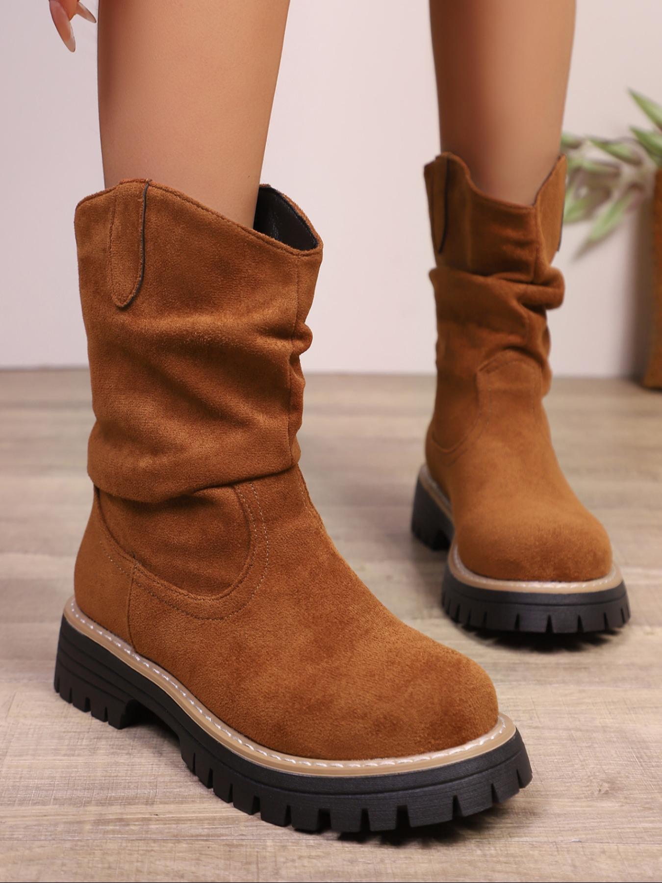 Women's new style pleated design fashionable warm outdoor solid color stretch velvet long boots, trendy mid-calf vintage denim boots, combat boots, motorcycle boots, Western Cowboy Boot, Western Inspired Boots, Footwear