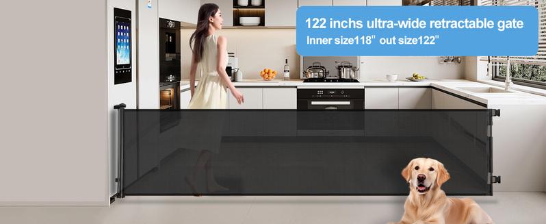 Retractable  pet Gate,Mesh Baby Gate or Mesh Dog Gate,33" Tall,Extends up to 55" 71"118"168"197"Wide,Child Safety Gate for Doorways, Stairs, Hallways, Indoor/Outdoor