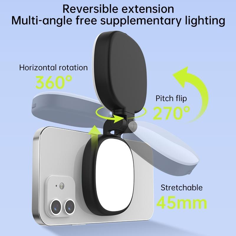 Magnetic Selfie Light for Phone with Mirror, Retractable Foldable Pocket Size Portable Mini Ring Light for Phone, Dimmable Fill LED Phone Light, Selfie Led Lights for Video Recording/Live Streaming/Makeup/Vlog