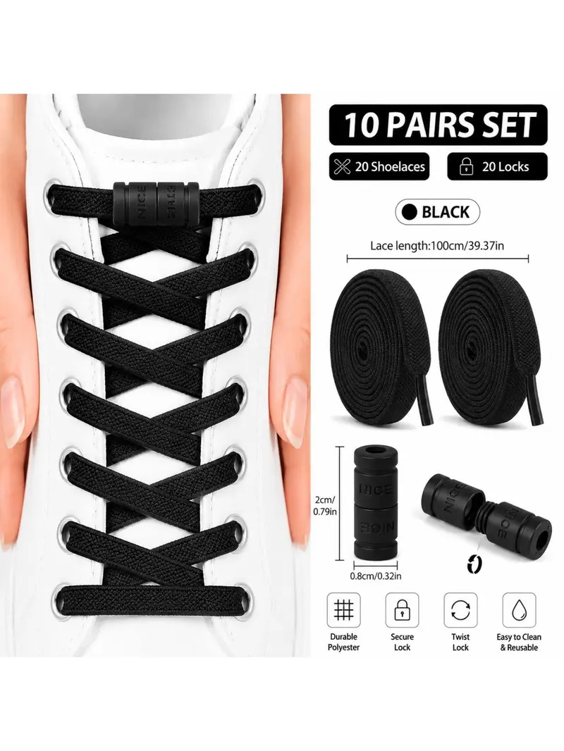 10 Pairs Adjustable Laces with Locks, Elastic Stretch Shoelaces for Kids and Adults, Quick Install Sports Shoes Laces, Shoe Strings for Sneakers