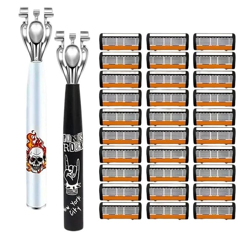 Men's Manual Shaving Razor Set with 2 Handles & 30/60 Replacement Blades, Razors Set, Precision Stainless Steel Blades, Advanced Shaving System