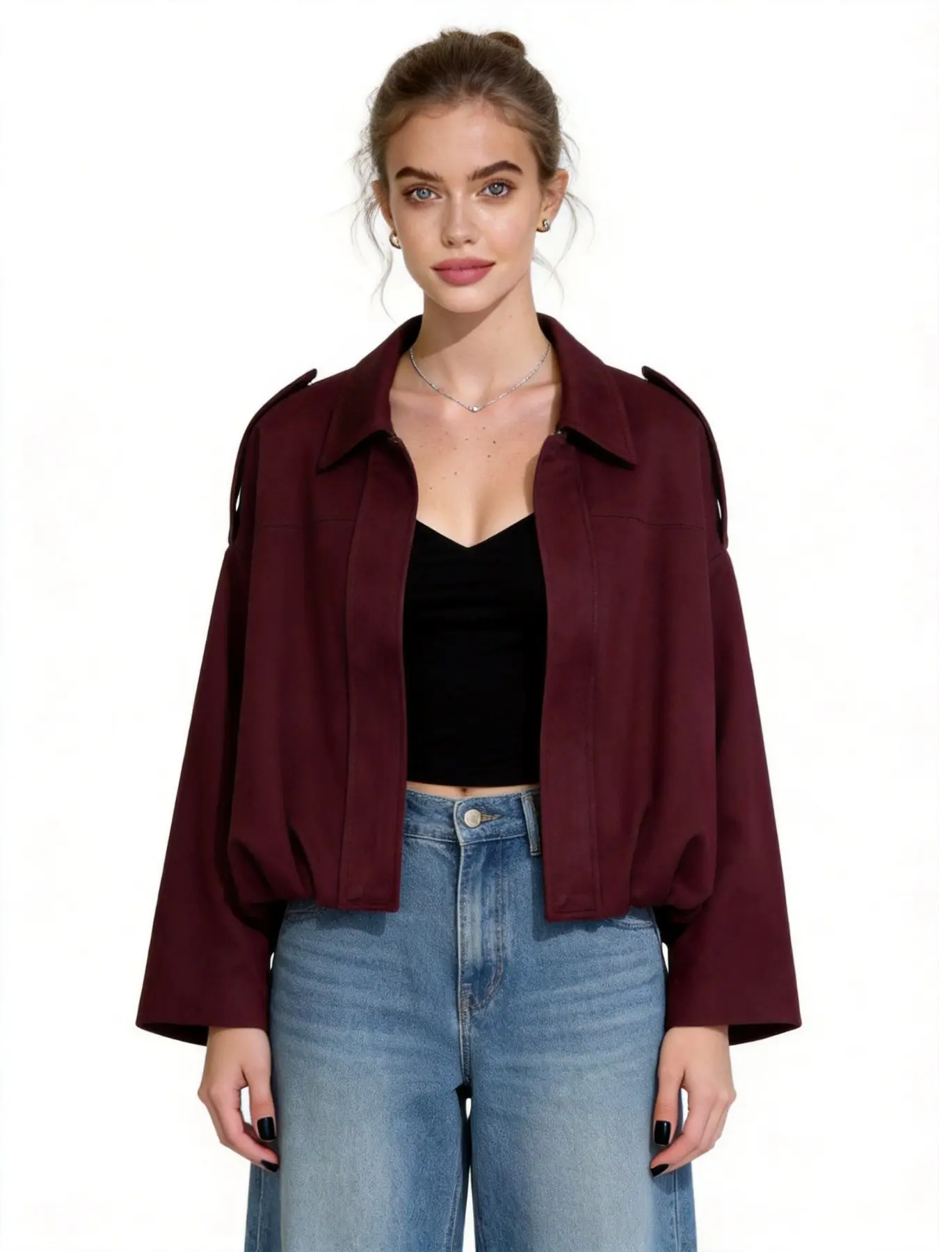 Women's Faux Suede Jackets-Spring/Autumn/Winter Vintage Solid-Color Collared Zip-up Long-Sleeve,Loose Batwing Sleeve withEpaulets Bomber Warm Outerwear,Basic Top,Minimalist Women's Wear