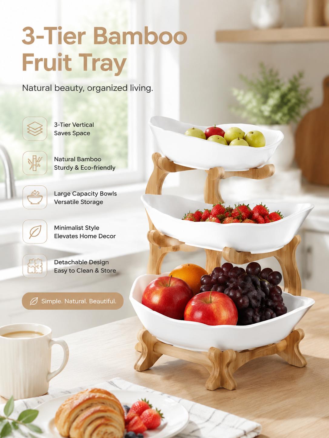 Littleox Three-Layer Stylish Fruit Platter for Party Organizers — Sophisticated Wooden Style Plastic Serving Trays for Family Snacks & Bread, Space-Efficient 3-Tier Design for Living Room Decor