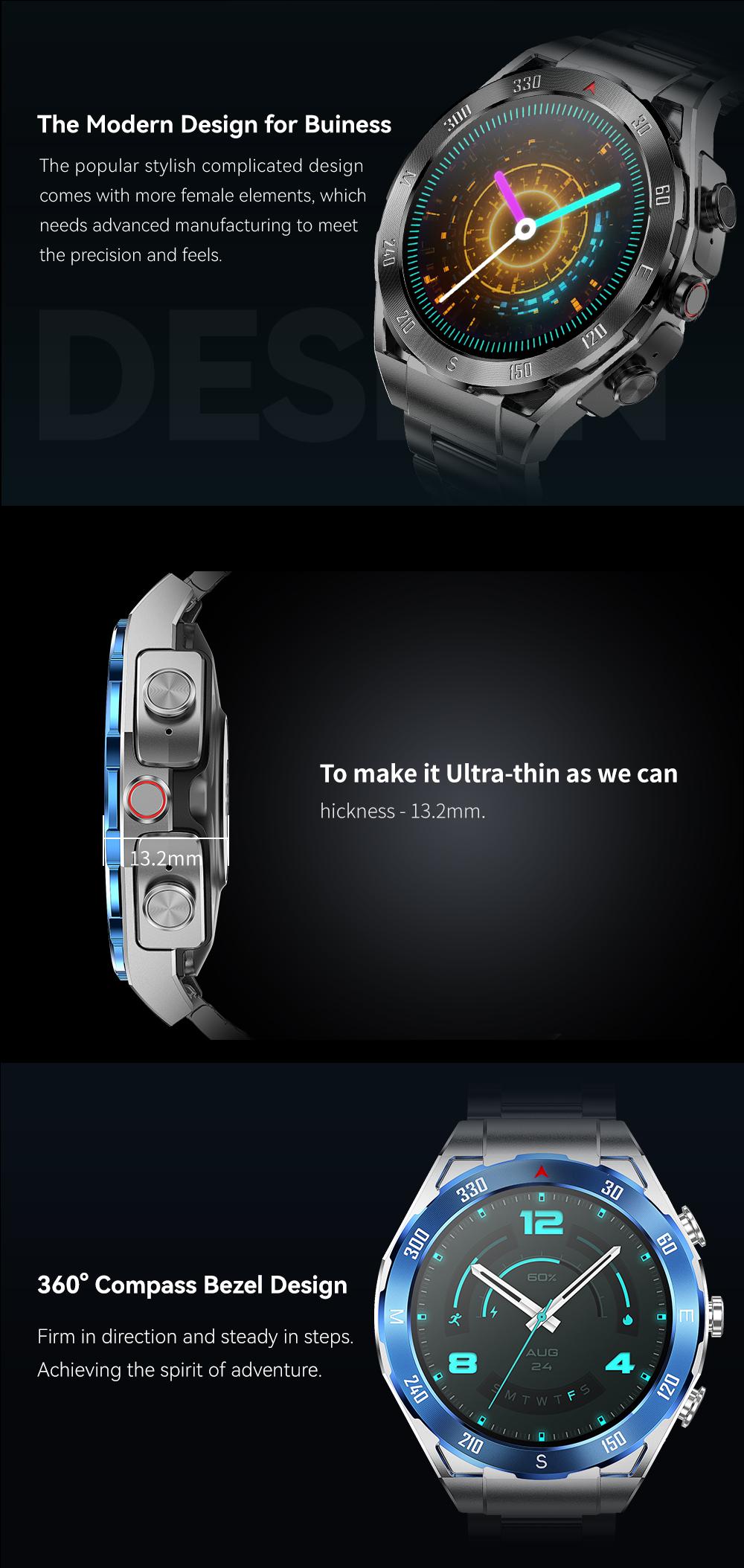 F33 Business Smart Watch with Earbuds 1.43 Inch AMOLED HD Display Bluetooth Calling Health Tracking Long Battery Life