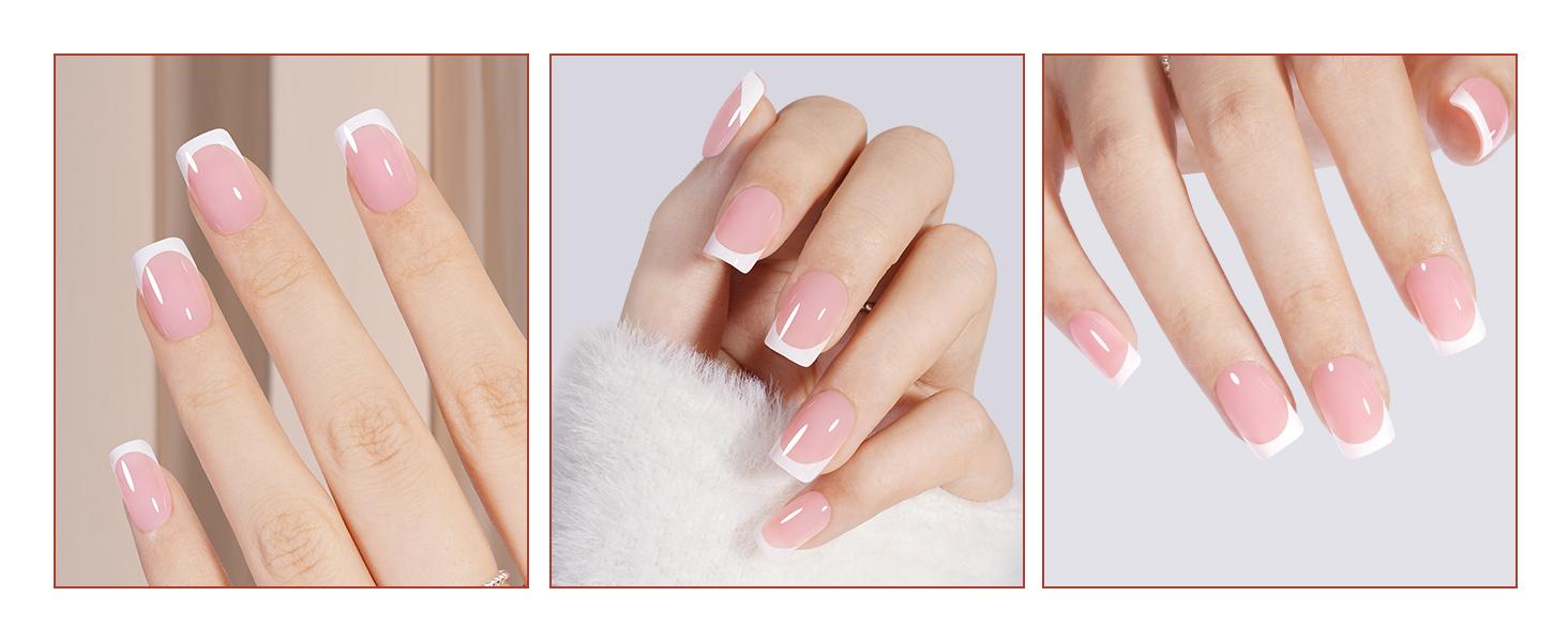 AILLSA French Tip Press On Nails - 180pcs Soft Gel Tips in Square, Stiletto, Almond, and Coffin Shapes for Easy Wear-15 Sizes Fake Nails Extensions