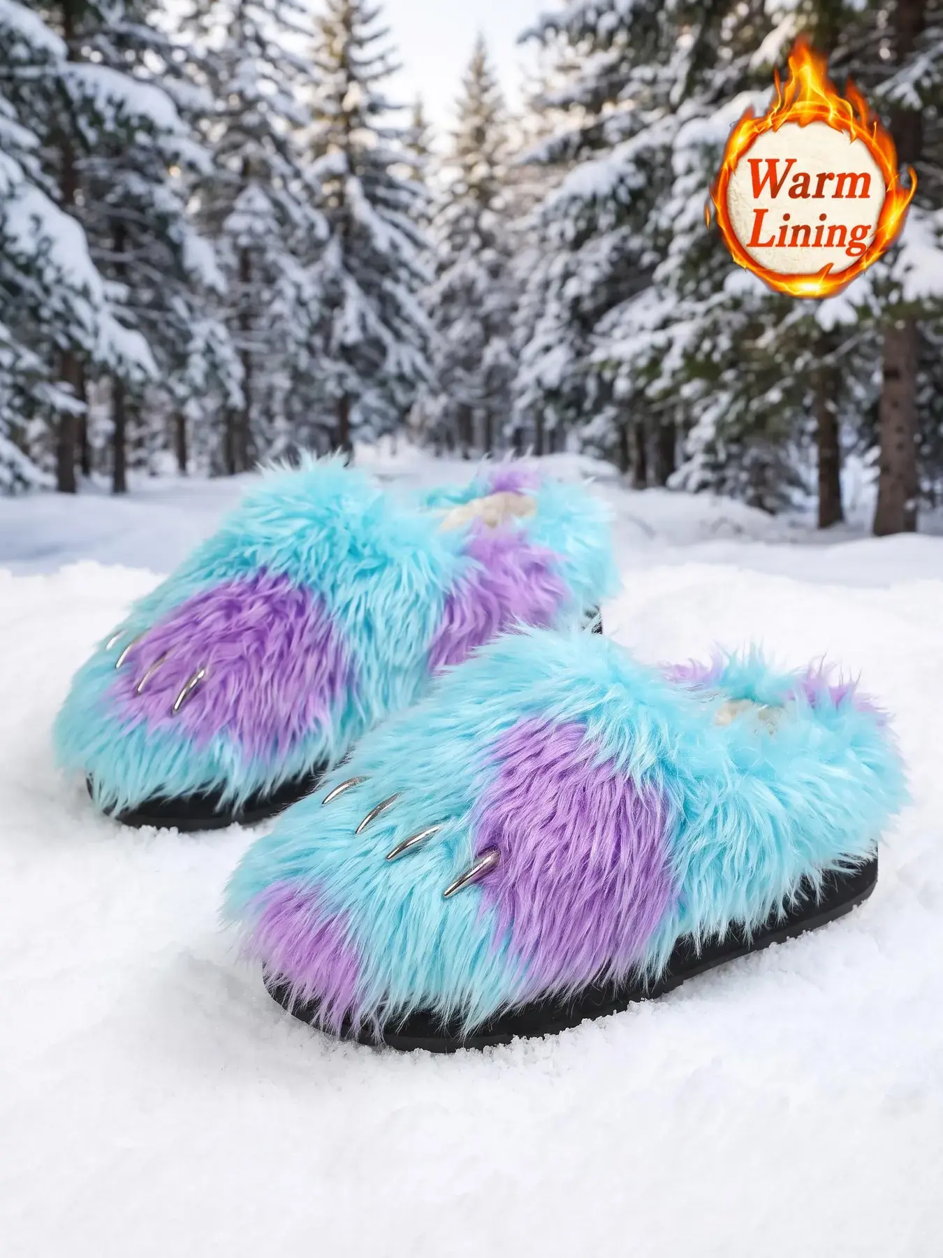 Women's Monster Claw Fuzzy Slip-On Shoes, Metal Claw Decor Rubber Thick Sole, Fall Winter Warm Plush Slippers, Halloween Essential
