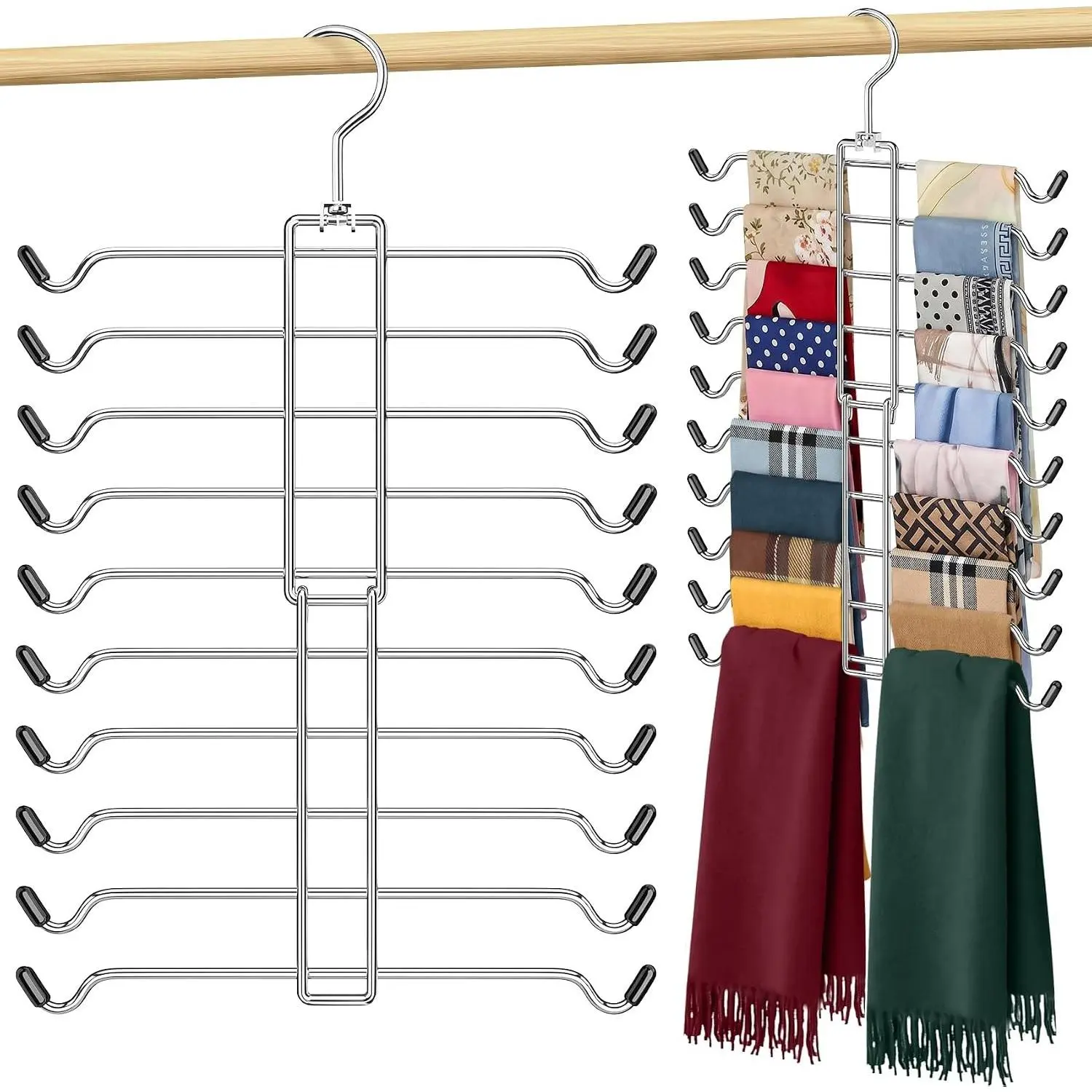 10 Tiers Scarf Organizer for Closet 360° Swivel Scarf Hanger Hijab Holder | Holds 30 Scarves Ties, Space Saving Hanger Closet Organizers and Storage for Shawl Belt Bra Tie Legging, Silver