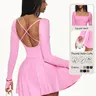 Women's Solid Criss Cross Backless 2 in 1 Sports Dress, Long Sleeve Square Neck Tennis Dress, Ladies Sportswear for Indoor Outdoor Wear