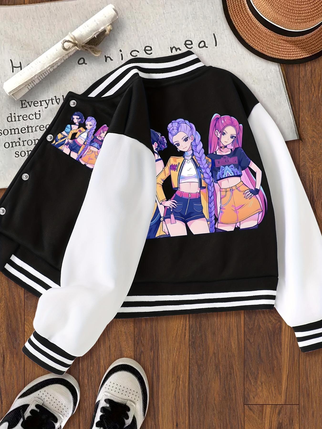 Kpop Anime Girl Print Fitted Letter Jacket, Elastic Fabric, Girls' Street Style Sportswear, Fall & Winter Halloween Alternative