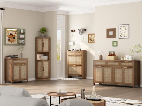 PieDle Furniture Tall Bohemian Rattan Corner Storage Cabinet - 4 Doors, 5 Shelves, 64.7" Height, Ideal for Living Room, Kitchen, Bathroom & Office Organization