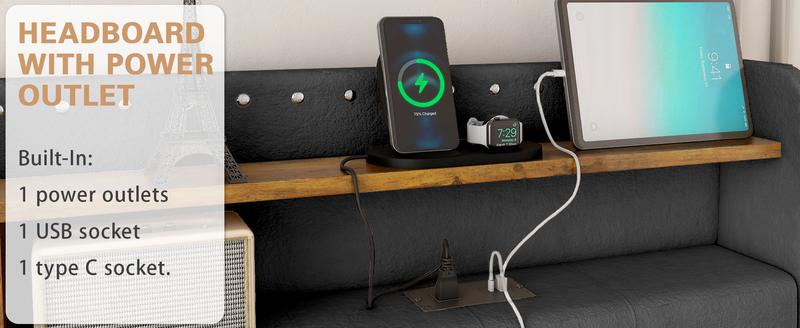 King Size Bed Frame with 3 Drawers, 2-Tier Storage Headbord, Bed Frame with Storage, LED Lights and Charging Station, Upholstered Platform Bed Frame, Wood Slats Support Bedroom Furniture