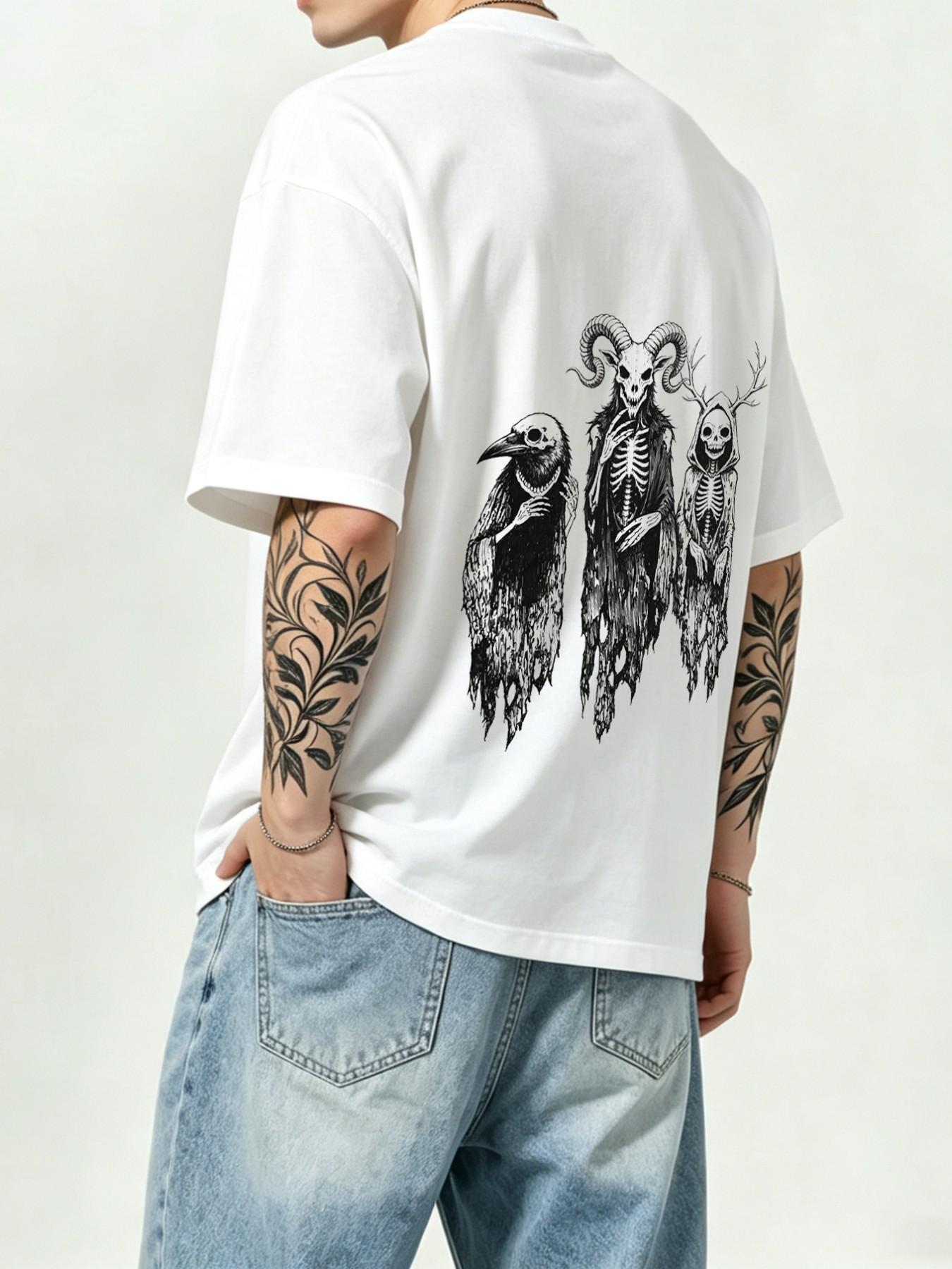 Dark Style Three Holy Bones Print Short Sleeve, High Street Trendy Vintage Loose Fit T-Shirt, Unisex Versatile Top