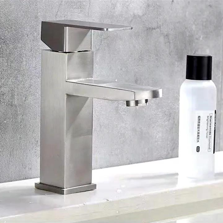 Stainless Steel Sink Faucet, Single Hole Cold Hot Water Mixer, Modern Style, Bathroom Basin Replacement Accessories