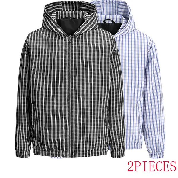All Match Blue White Grid Men Hooded Jacket Shape Retaining Soft Tailoring Craft Integrated Hood Storage Design Elastic Cuff Wind Resistant Light Outerwear For Daily Matching Short Spring Trips Multiple Color Options