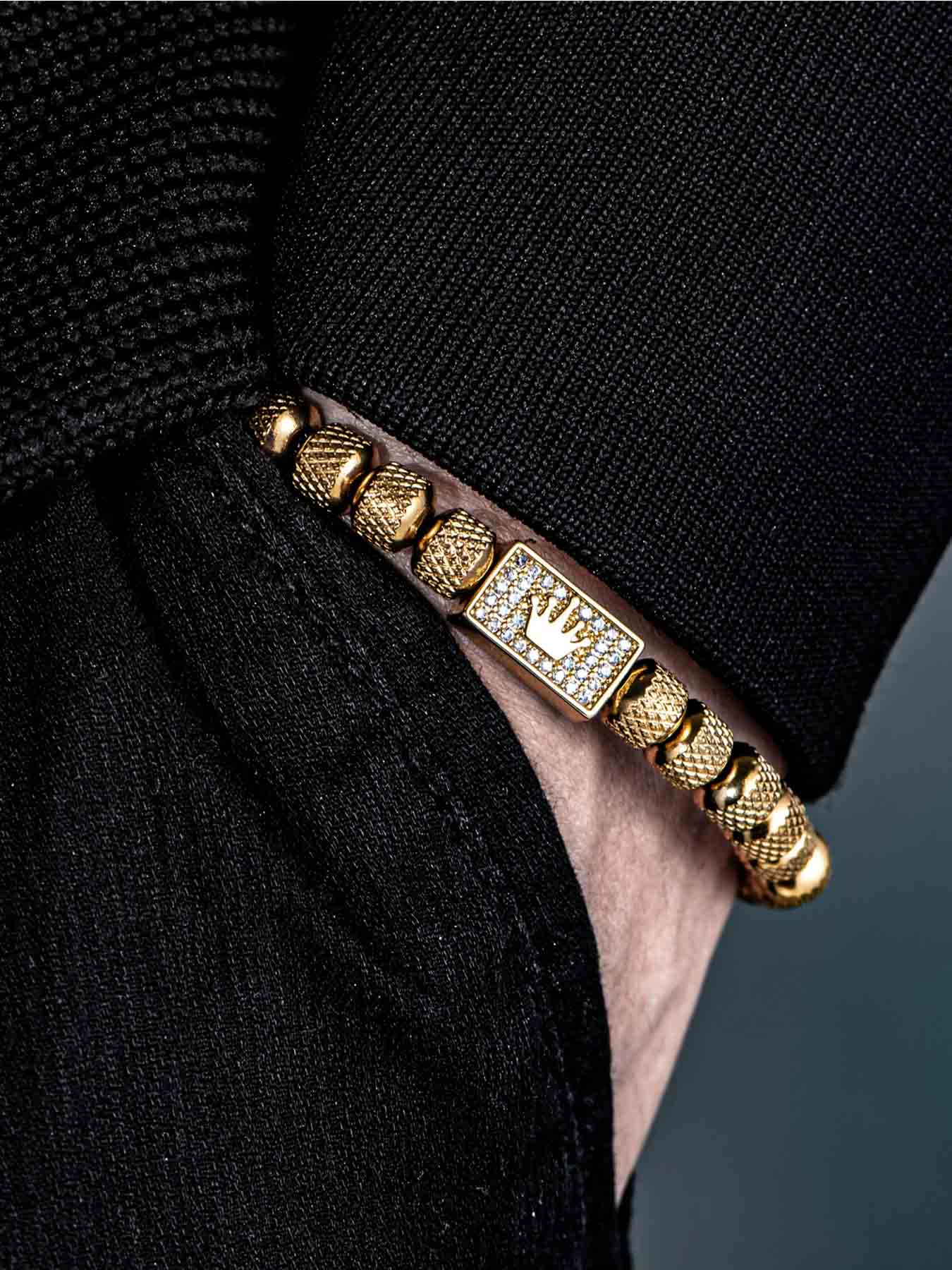 Vintage Stainless Steel Beaded Zircon Crown Handwoven Bracelet, Casual Versatile Men's Trendy Party Adjustable Bracelet, Beaded Bracelets