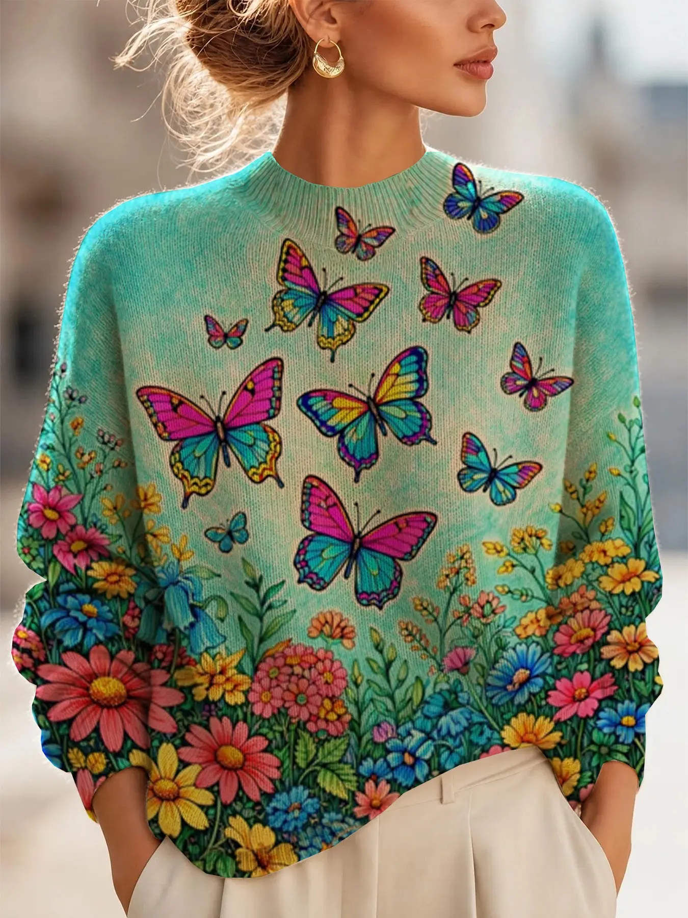 Women's Fall Winter New Fashion Sweater, Butterfly Flower Print Long Sleeve, Warm Versatile Knitwear, Casual Ladies Pullover