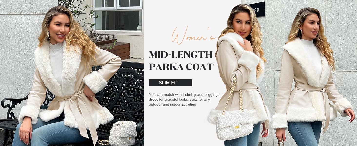 Danedvi Womens Faux Leather Jackets Winter Warm Short/Long Parka Coats with Faux Fur Collar Outwear