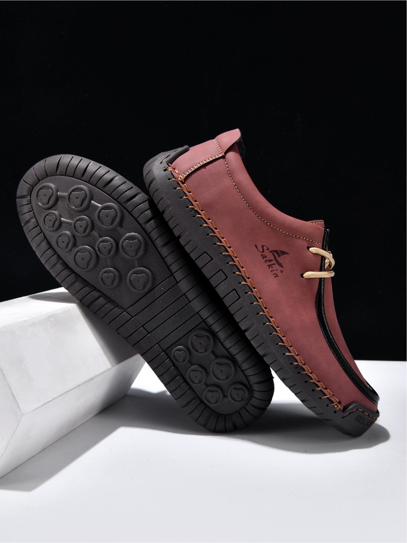 Men's Black Hand-Stitched Casual Shoes, Soft Sole Non-Slip Slip-On Driving Shoes, Dad Shoes