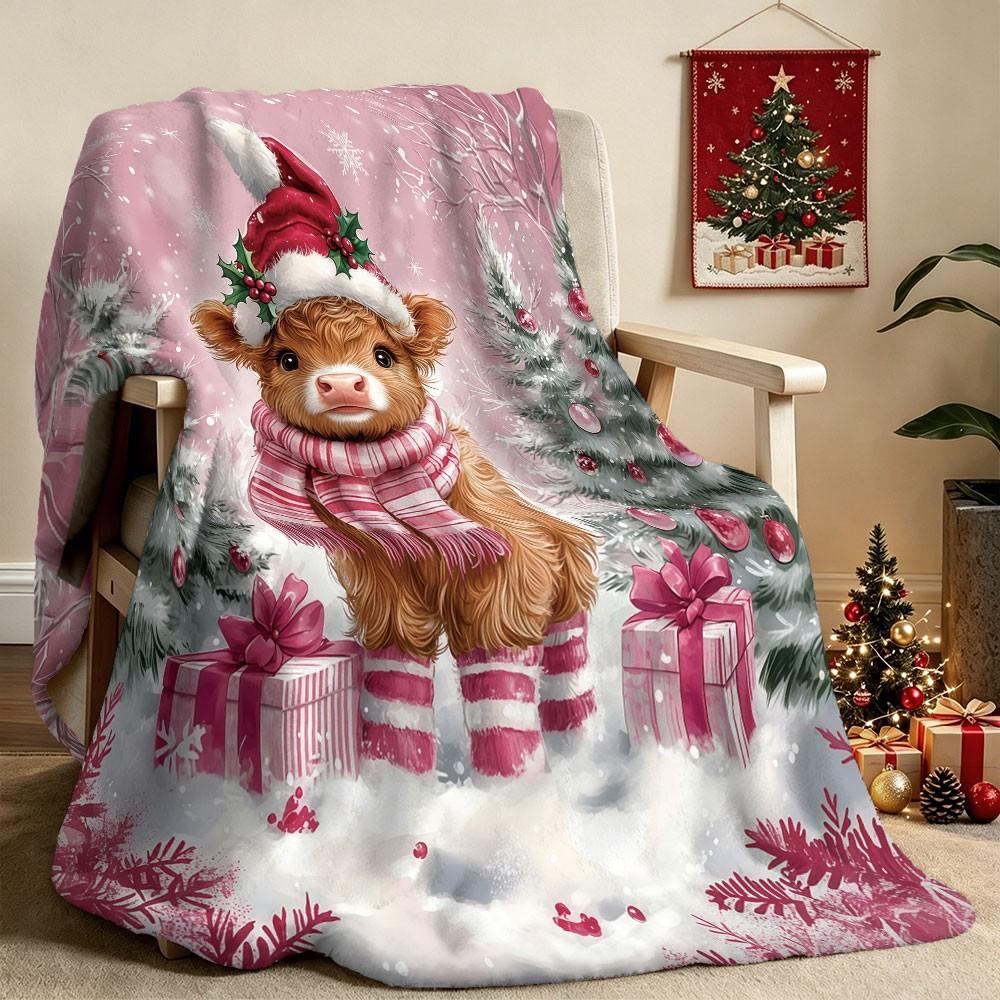 1 Pack Scarf Wearing Highland Cow Christmas Flannel Blanket, Soft Warm Throw for Couch, Car, Office, Camping X‑mas Gift