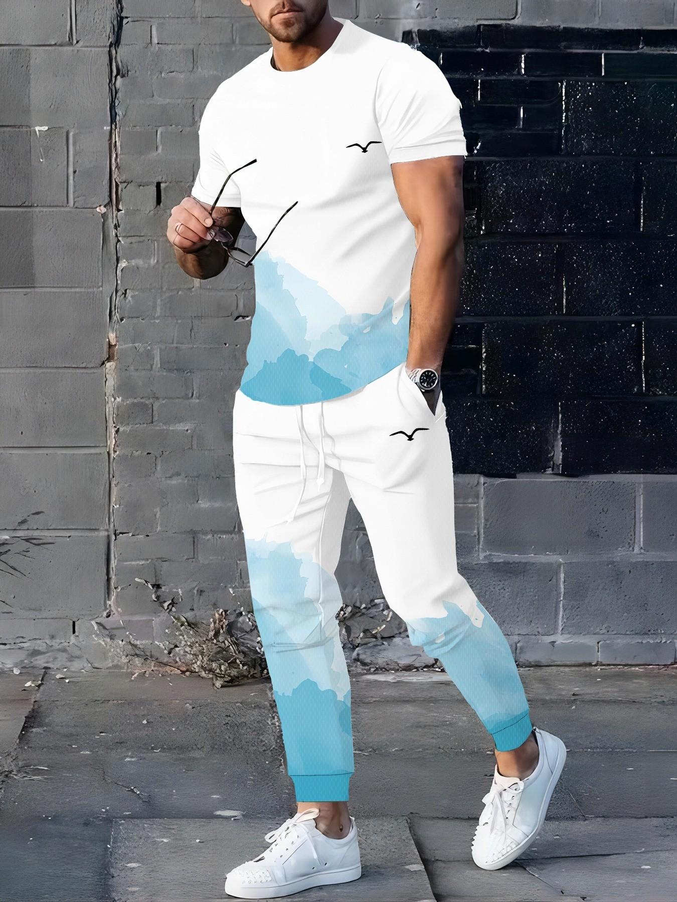 Men's Eagle Flag Striped Two-Piece Set, Casual Short Sleeve Tee and Drawstring Jogger Pants, Streetwear Summer Sports