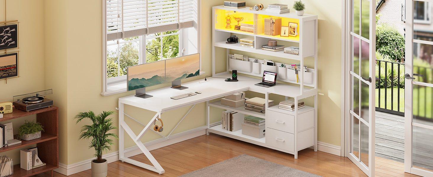 SEDETA LED L-Shaped Gaming Desk with Storage for Home Office Game Table with LED Lights, Glass Cabinet Furniture Shelves Modern Organizer，Large Computer Gaming PC Desk, Writing Table Study Desk for Bedroom, Study, Office