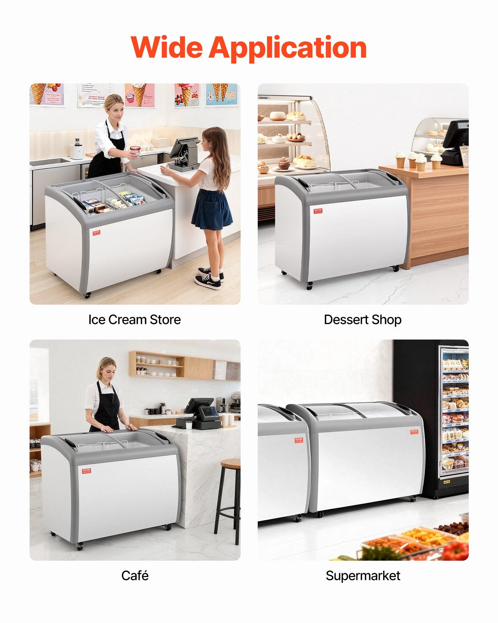 VEVOR Commercial Ice Cream Display Case, 9.3 Cu.ft (264L) Direct Cooling Cold Rolled Plate Chest Freezer, --19 To 3 ℉℉ Temp Adjustable, with 3 Wire Ice Cream Baskets, 2 Sliding Tempered Glass Doors, Locking Casters & LED Strip Lighting for Cafe Owners, Ba