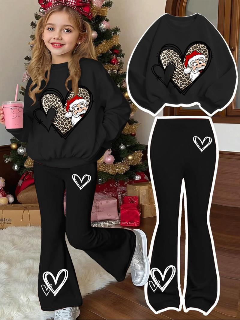 Girls' Christmas Leopard Heart Santa Print Sweatshirt & Casual Bell Bottoms Set, Fitted Style, Fall&winter Fashion, Fashion Clothes Set
