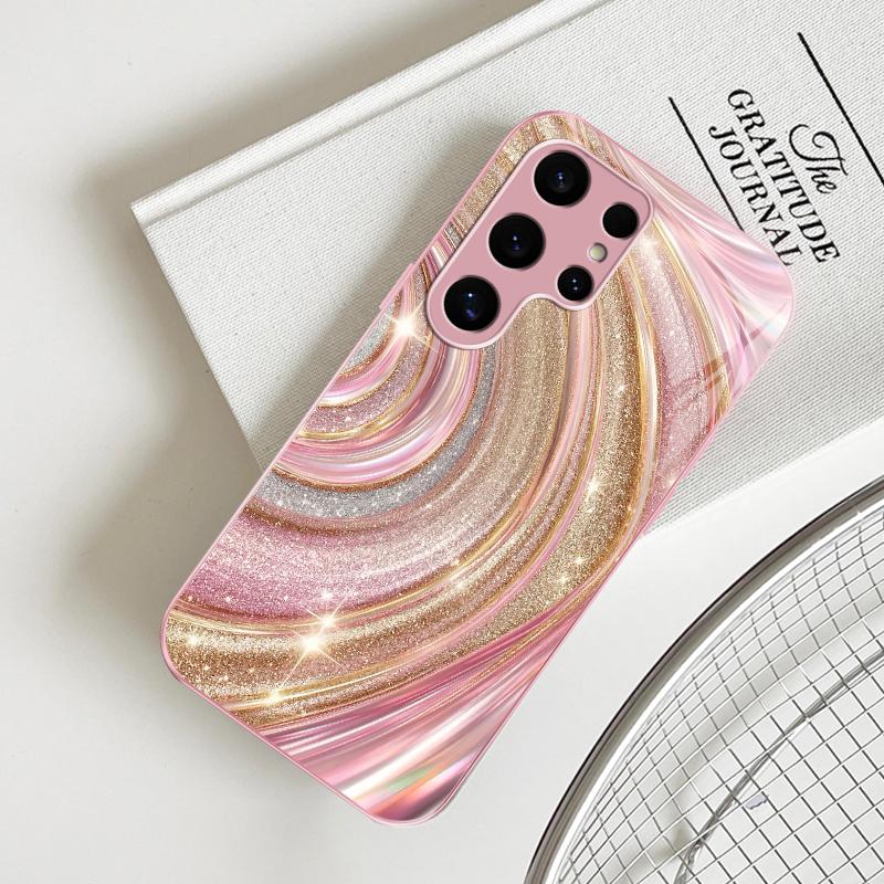 Luxury Rose Gold Swirl Phone Case with Flower Lanyard, Glitter Pink Art Aesthetic Cover for Galaxy S24 Ultra ---975