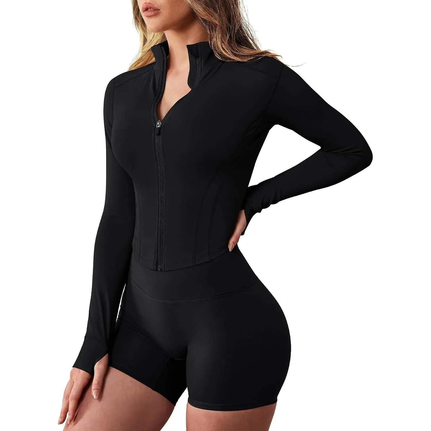 Women's Lightweight Zip-Up Workout Crop Top Jacket Slim Fit Running Gym Sportswear with Thumb HolesGift
