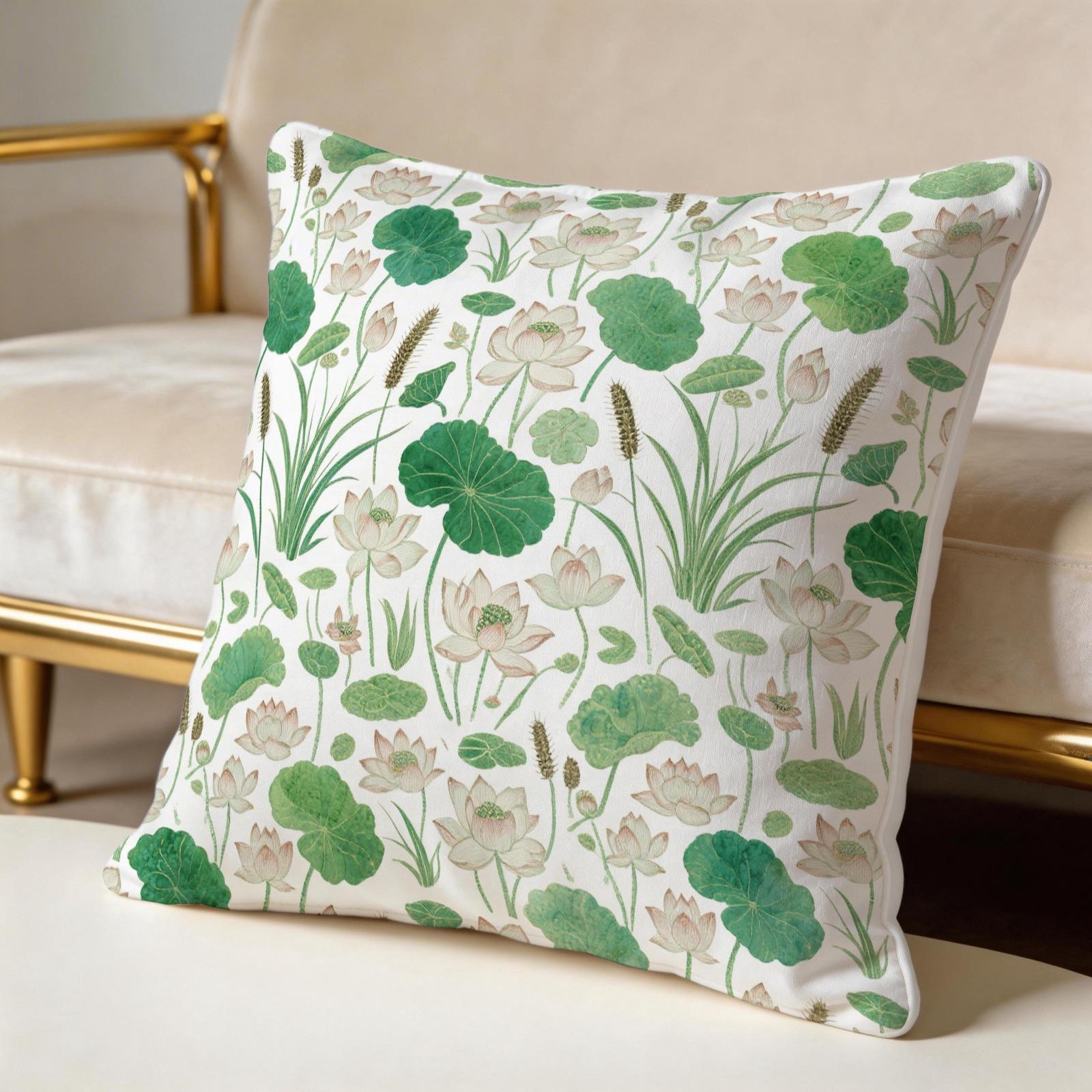 1 Piece Watercolor Lotus Pond Throw Pillow, HD Digital Printed Decorative Cushion, Aesthetic Boho Accent Pillow with Zipper Closure for Sofa Couch Bed Living Room Home Decor