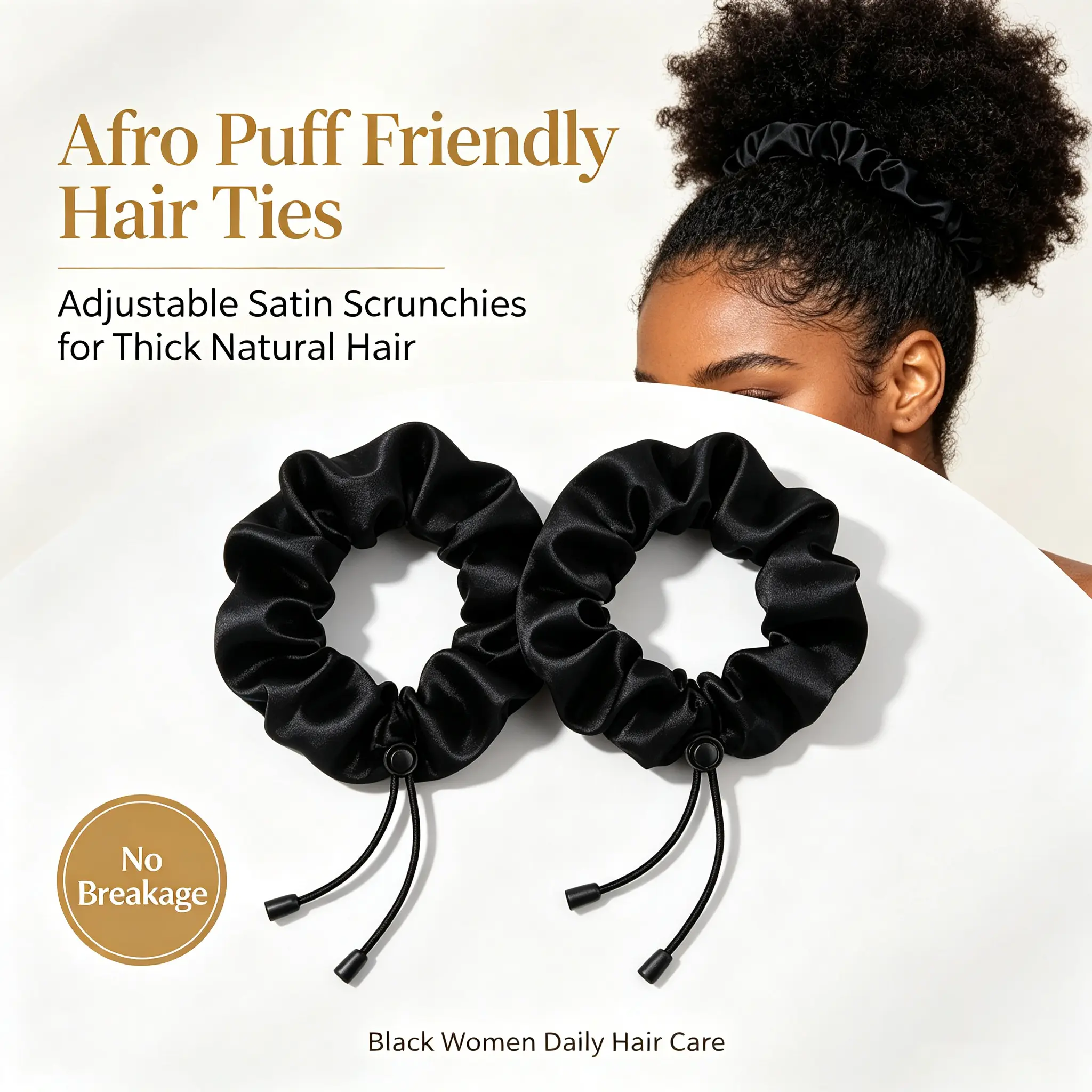 2 Pcs Adjustable Satin Hair Scrunchies for Women Girls, Softer Than Silk Hair Ties for 4C Girlie Thick Curly Natural Hair, No Damage Hair Accessories for Afro Puff Loc Ponytails, Flexible Silk Jumbo Scrunchie for Black Women (Black)