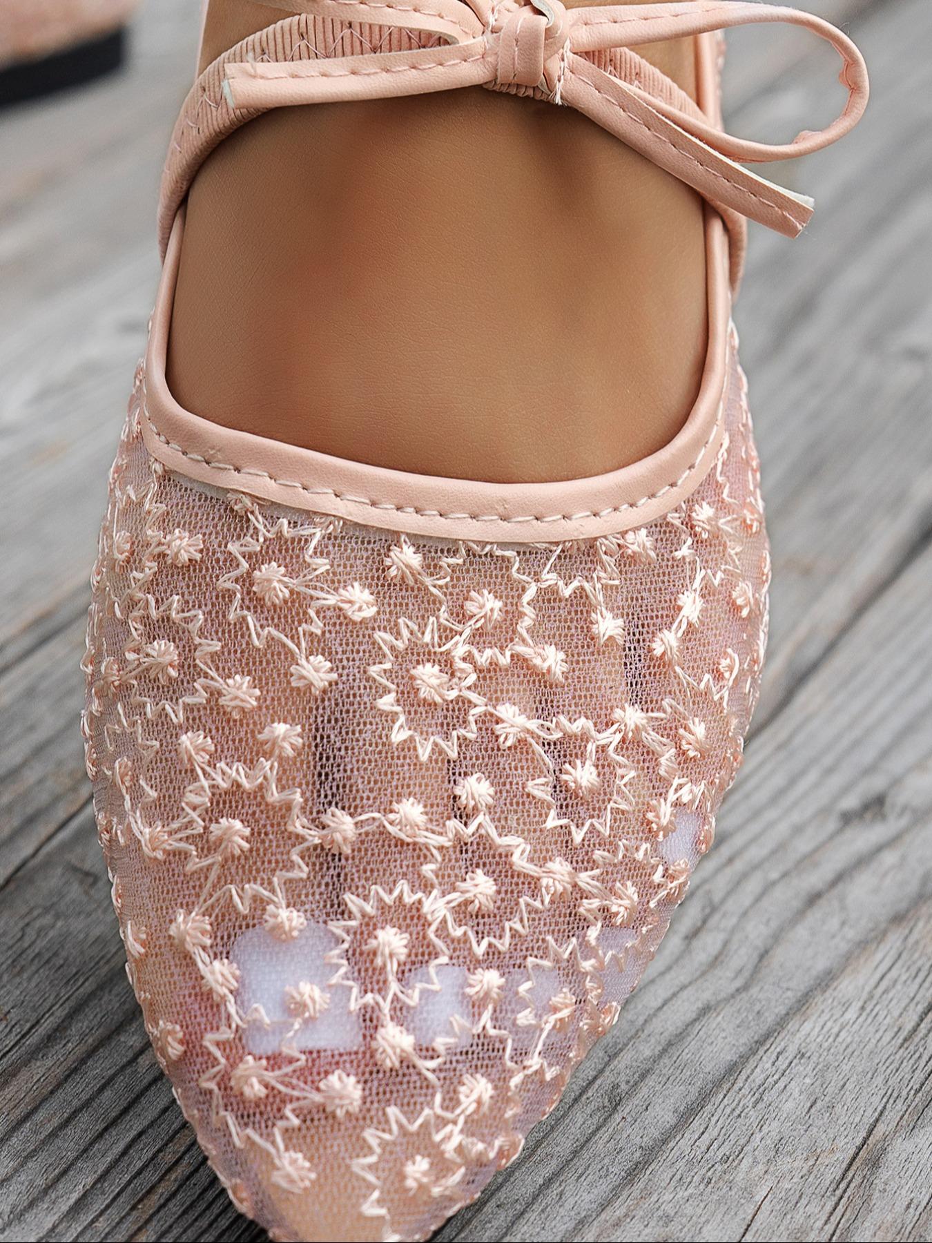 Women's Elegant Lace Pointed Mary Jane Sandals, Delicate Mesh Embroidery, Bow, Comfortable Flat Sole, Spring Summer Casual Shoes, Pointed Toe Flats, Mary Jane Flats