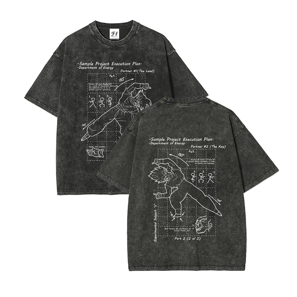 Acid Washed Oversized Y2K Anime Blueprint Graphic T-Shirt, Front & Back Spiky Haired Fighter Motion Grid Schematic Text Dual-Sided Print Tee, Vintage Grunge Streetwear, 100% Cotton Unisex Short Sleeve Shirt