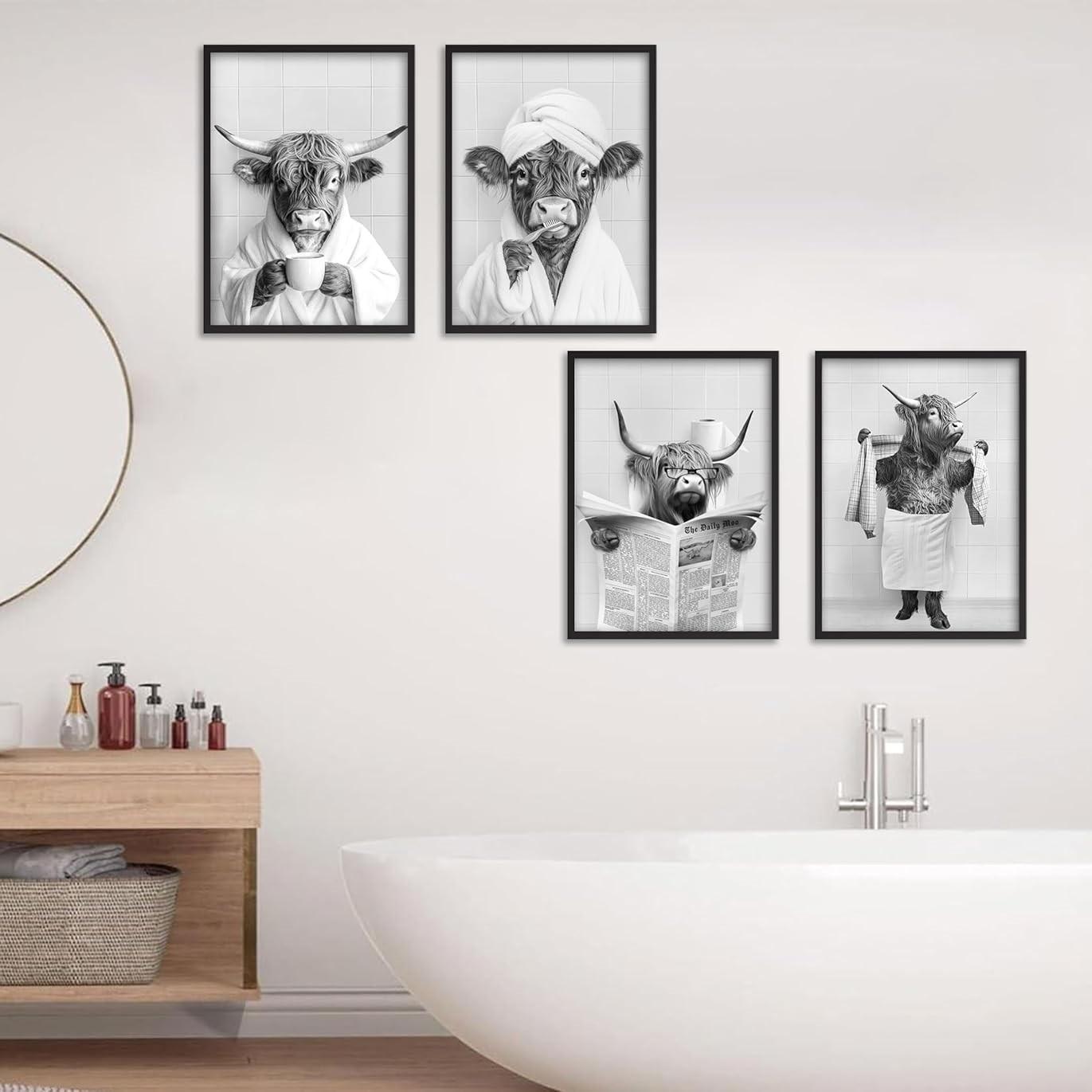 4pcs/set Frameless Funny Bathroom Humorous Animal Painting Calligraphy HD Canvas Poster living room bedroom bar aesthetic decoration