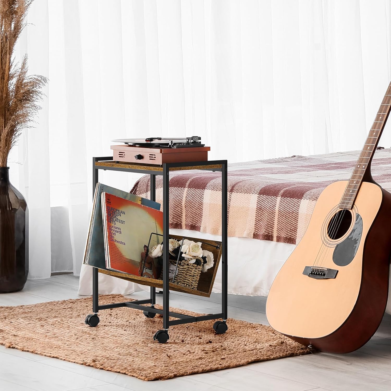 Record Player Stand Industrial Record Player Table with Album Storage Shelf, Turntable Stand with Wheels Vinyl Record Holder Cabinet for Living Room Office, Rustic Brown